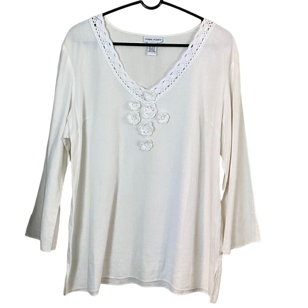 Michele Michelle White Linen Blend Tunic Top Size XL